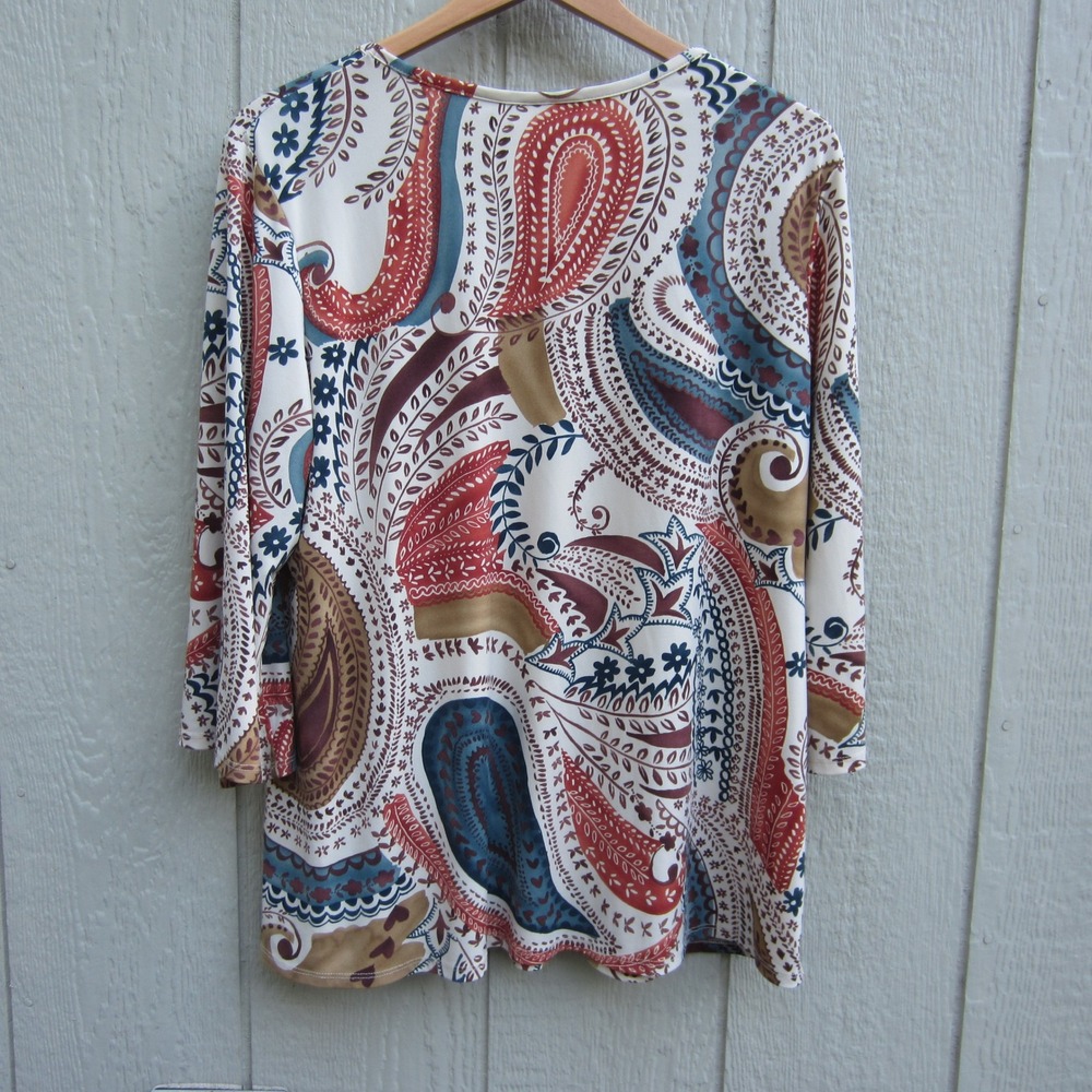 Susan Graver Liquid Knit Paisley Top Womens Large 3/4 Sleeve Scoop Neck Pleated - Picture 4 of 10